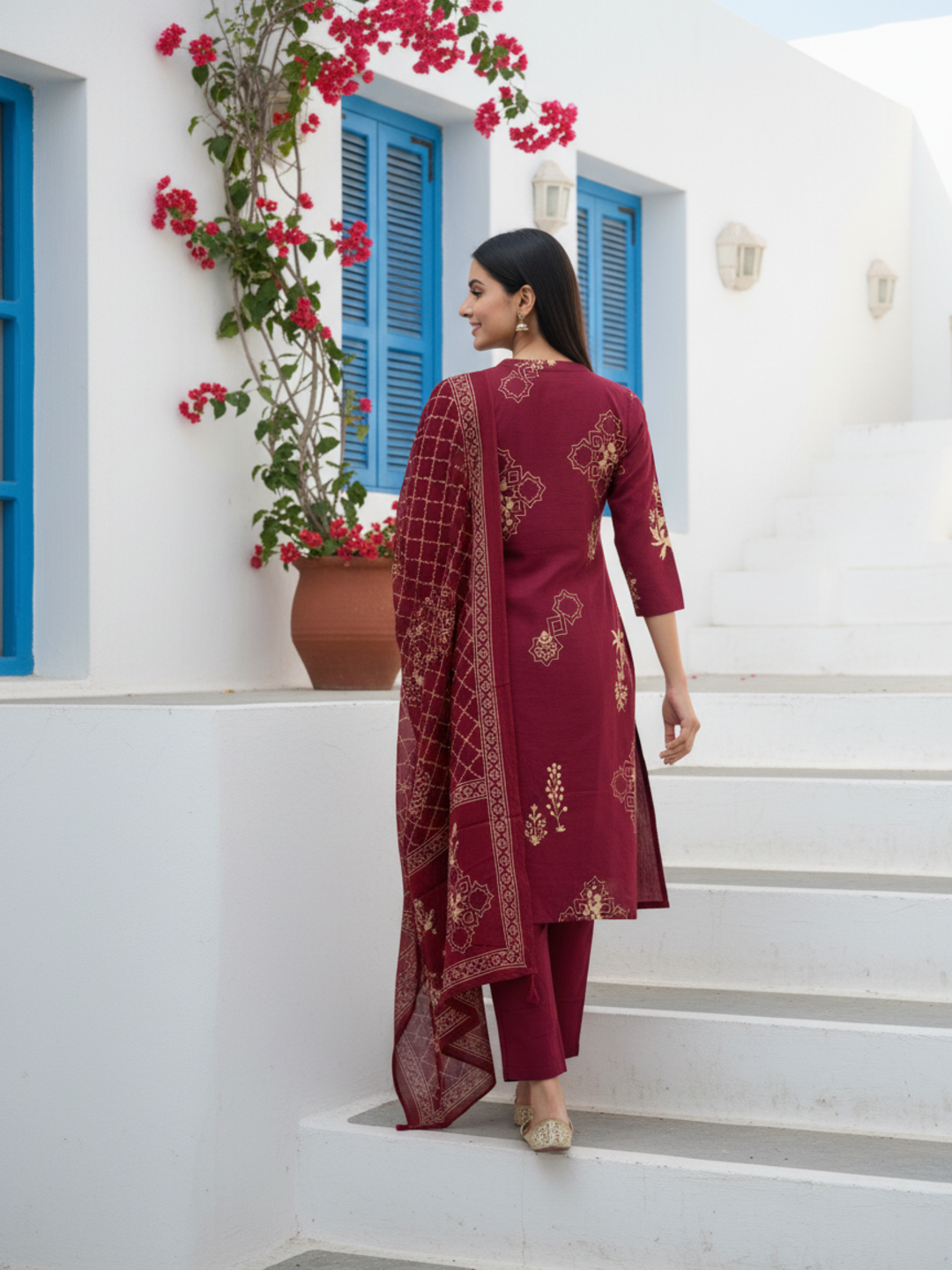 Ethnic Print Straight Cotton Kurta with Pyjama & Printed Voile Dupatta - Maroon
