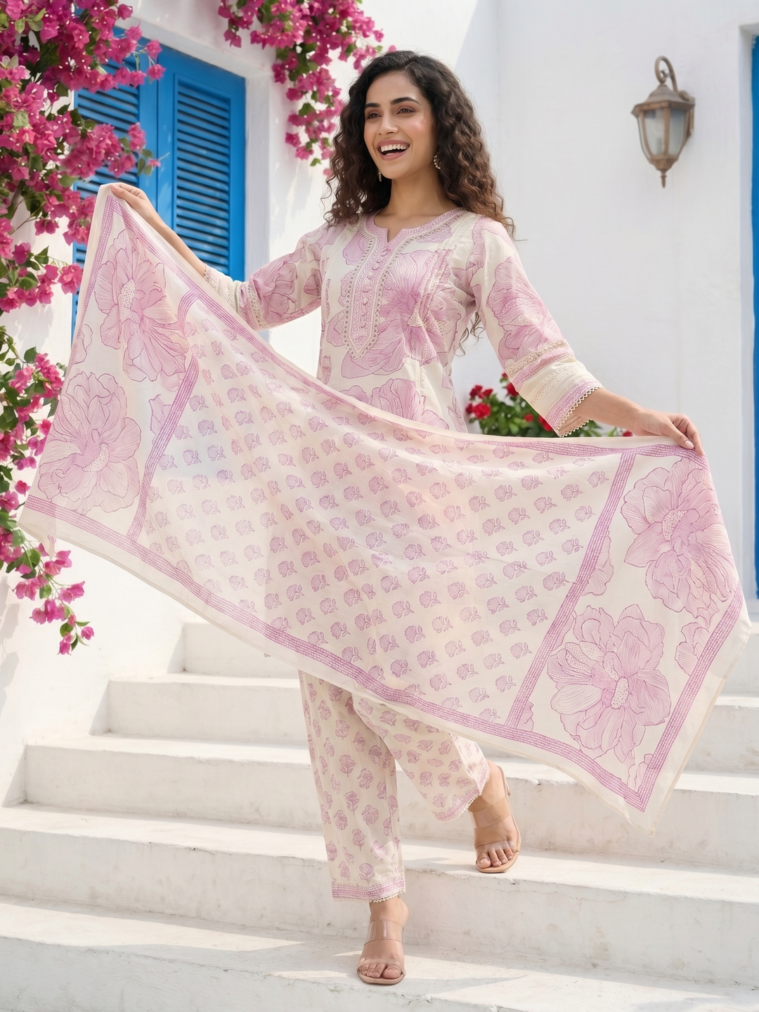 Floral Printed Schiffili & Lace Work Straight Kurta with Pant & Dupatta - Lavender