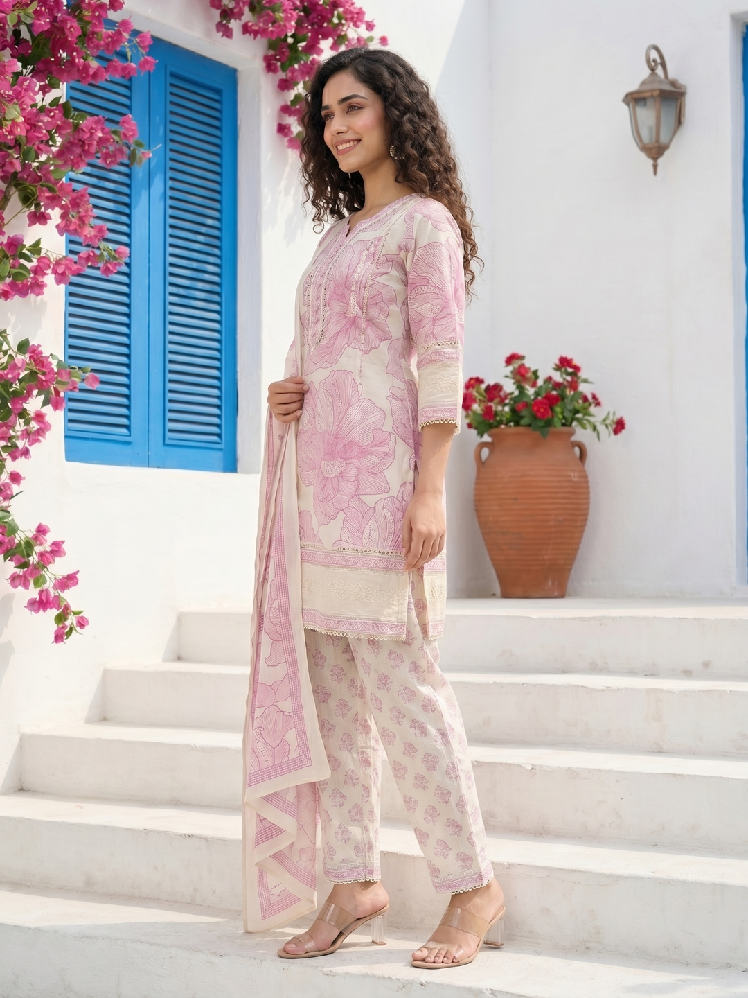 Floral Printed Schiffili & Lace Work Straight Kurta with Pant & Dupatta - Lavender