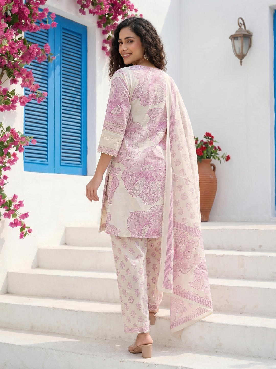 Floral Printed Schiffili & Lace Work Straight Kurta with Pant & Dupatta - Lavender