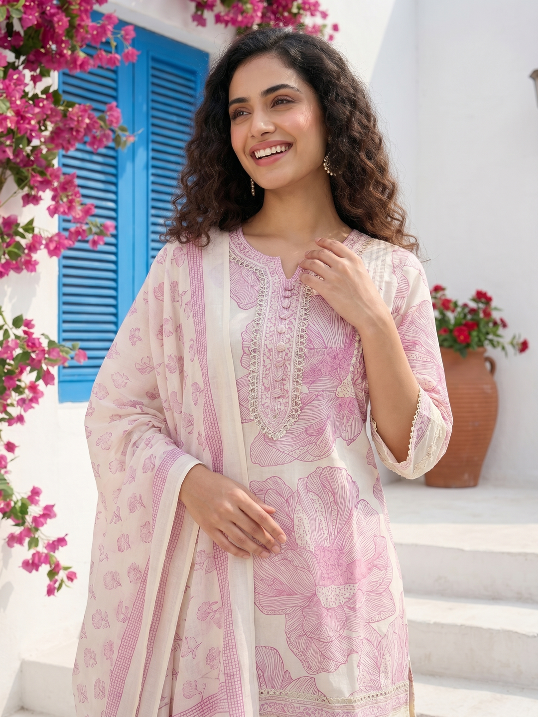 Floral Printed Schiffili & Lace Work Straight Kurta with Pant & Dupatta - Lavender
