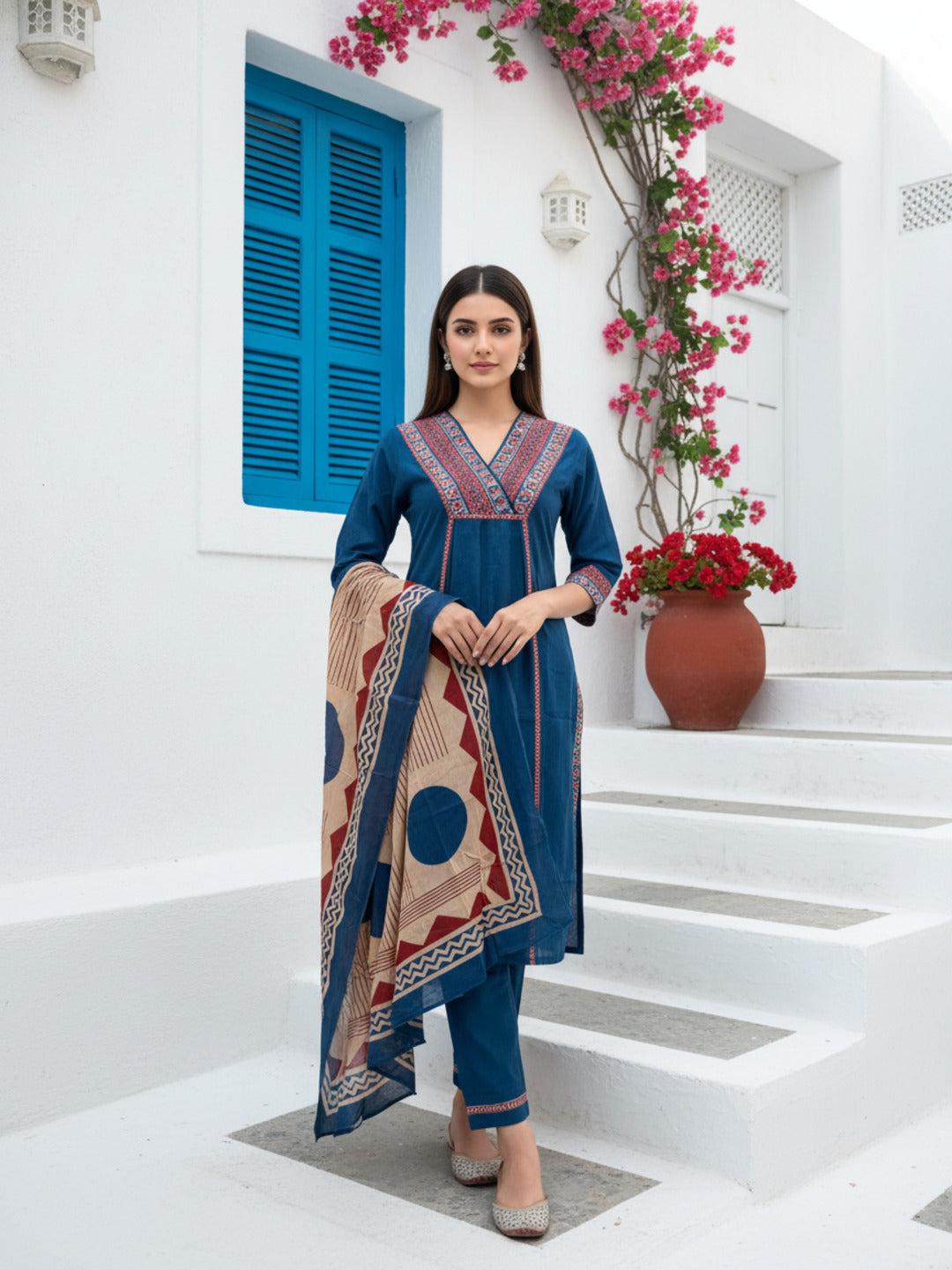 Solid Sequin & Printed Border A-Line Kurta with Pant & Dupatta - Navy Blue
