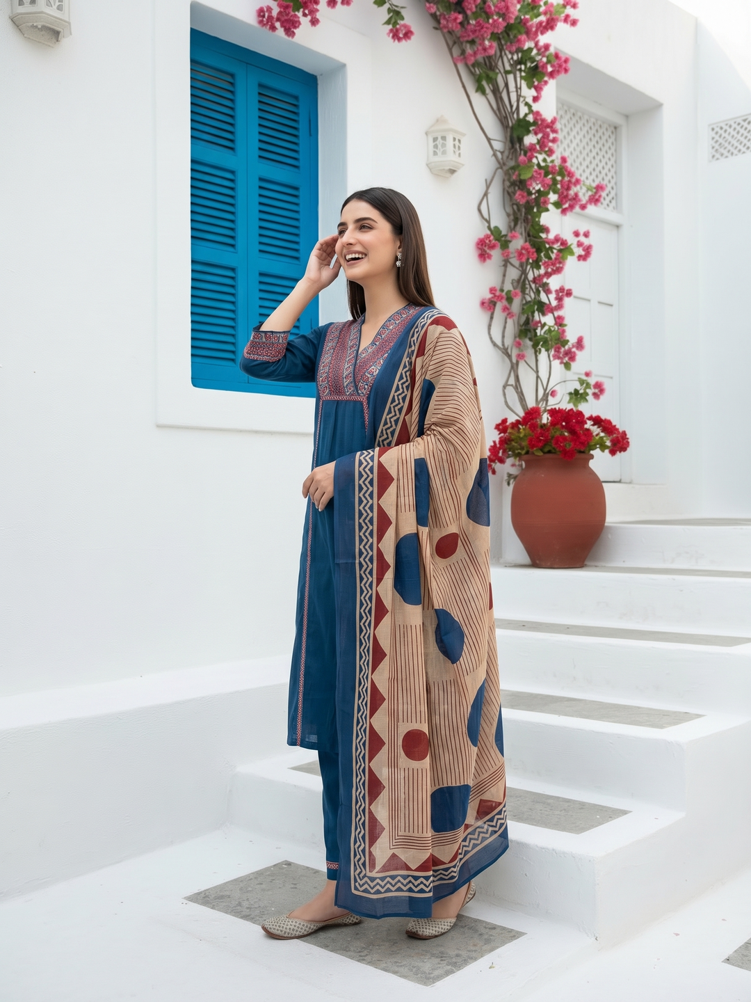 Solid Sequin & Printed Border A-Line Kurta with Pant & Dupatta - Navy Blue