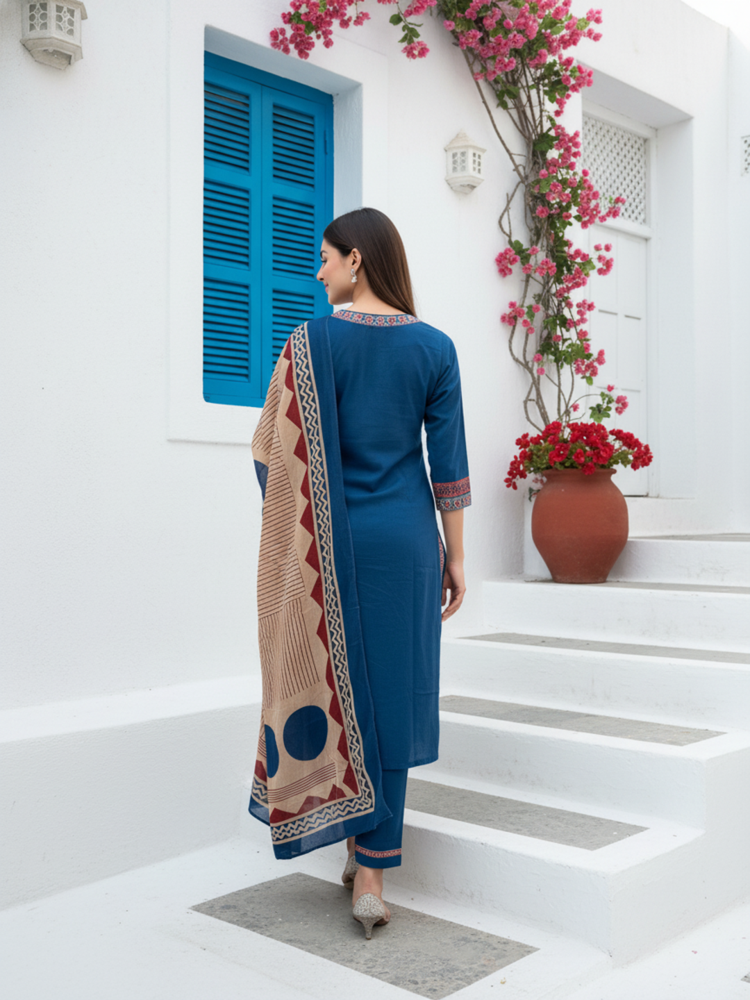 Solid Sequin & Printed Border A-Line Kurta with Pant & Dupatta - Navy Blue