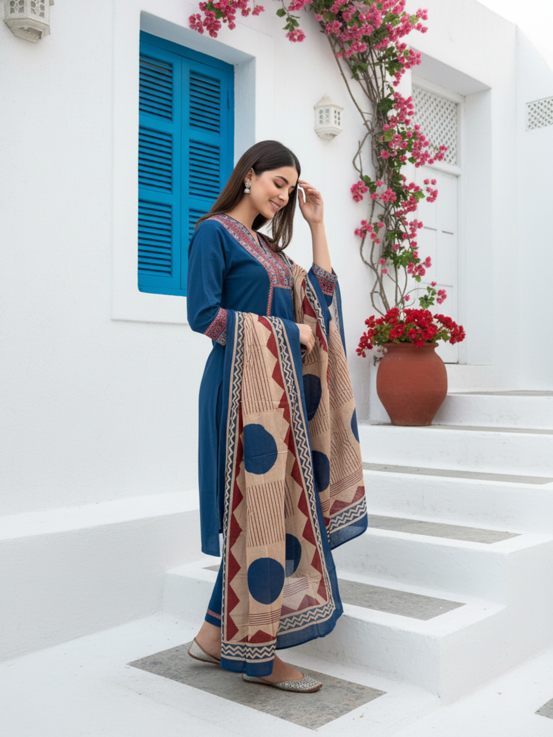 Solid Sequin & Printed Border A-Line Kurta with Pant & Dupatta - Navy Blue