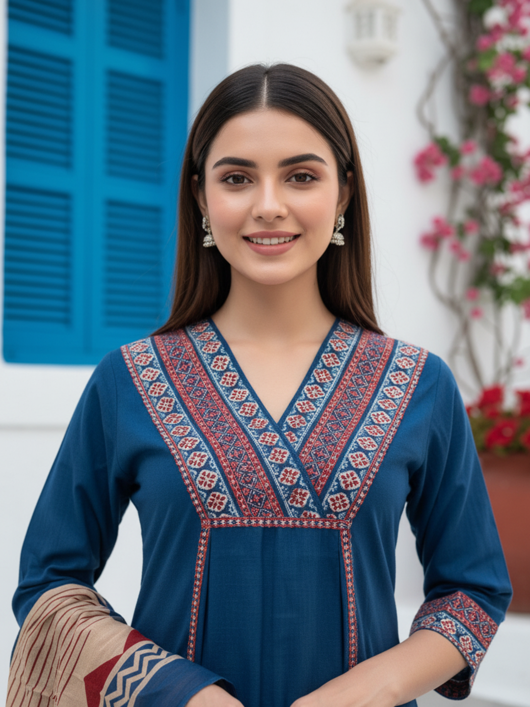 Solid Sequin & Printed Border A-Line Kurta with Pant & Dupatta - Navy Blue