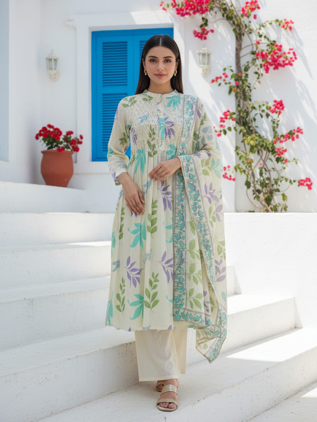 Floral Leaf Printed A-Line Kurta with Palazzo & Dupatta - Cream