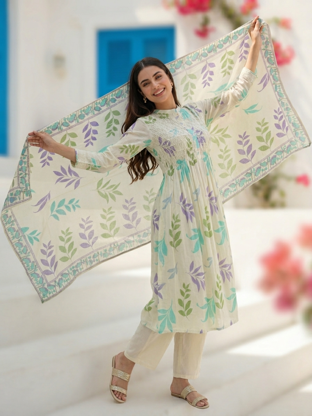 Floral Leaf Printed A-Line Kurta with Palazzo & Dupatta - Cream