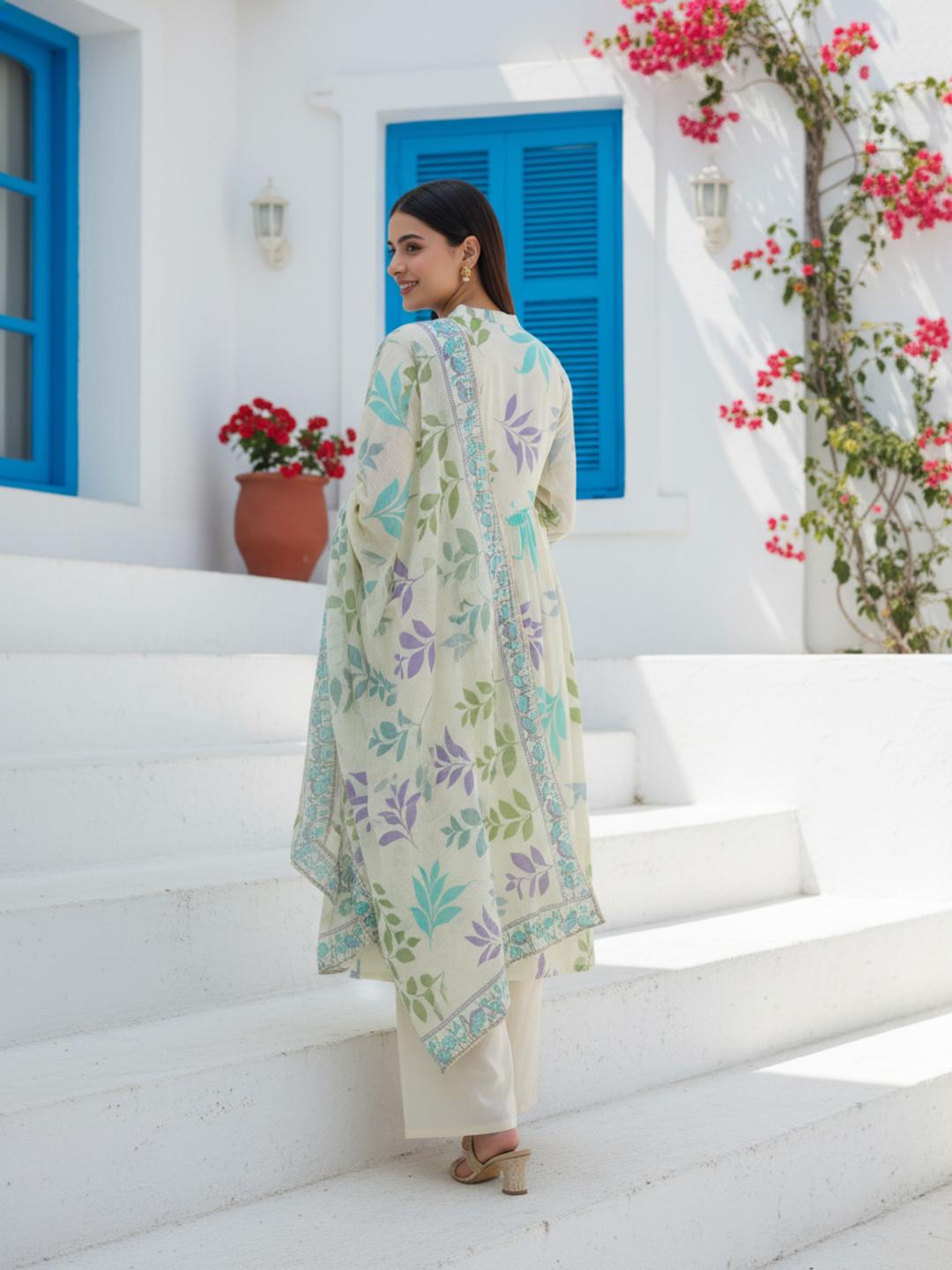 Floral Leaf Printed A-Line Kurta with Palazzo & Dupatta - Cream