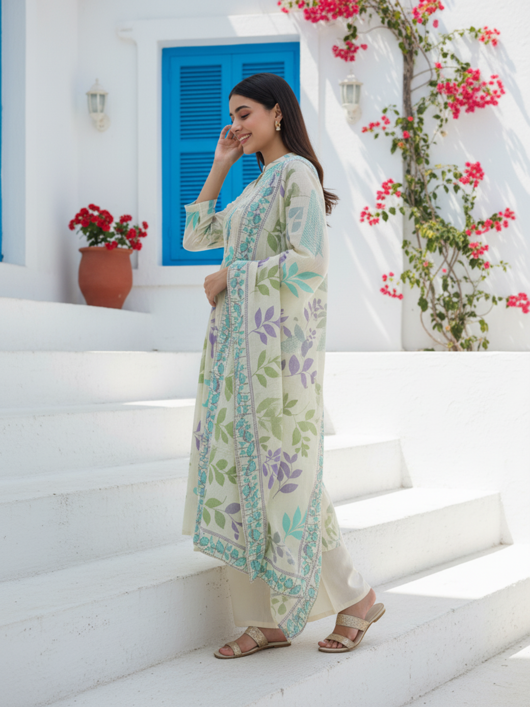 Floral Leaf Printed A-Line Kurta with Palazzo & Dupatta - Cream