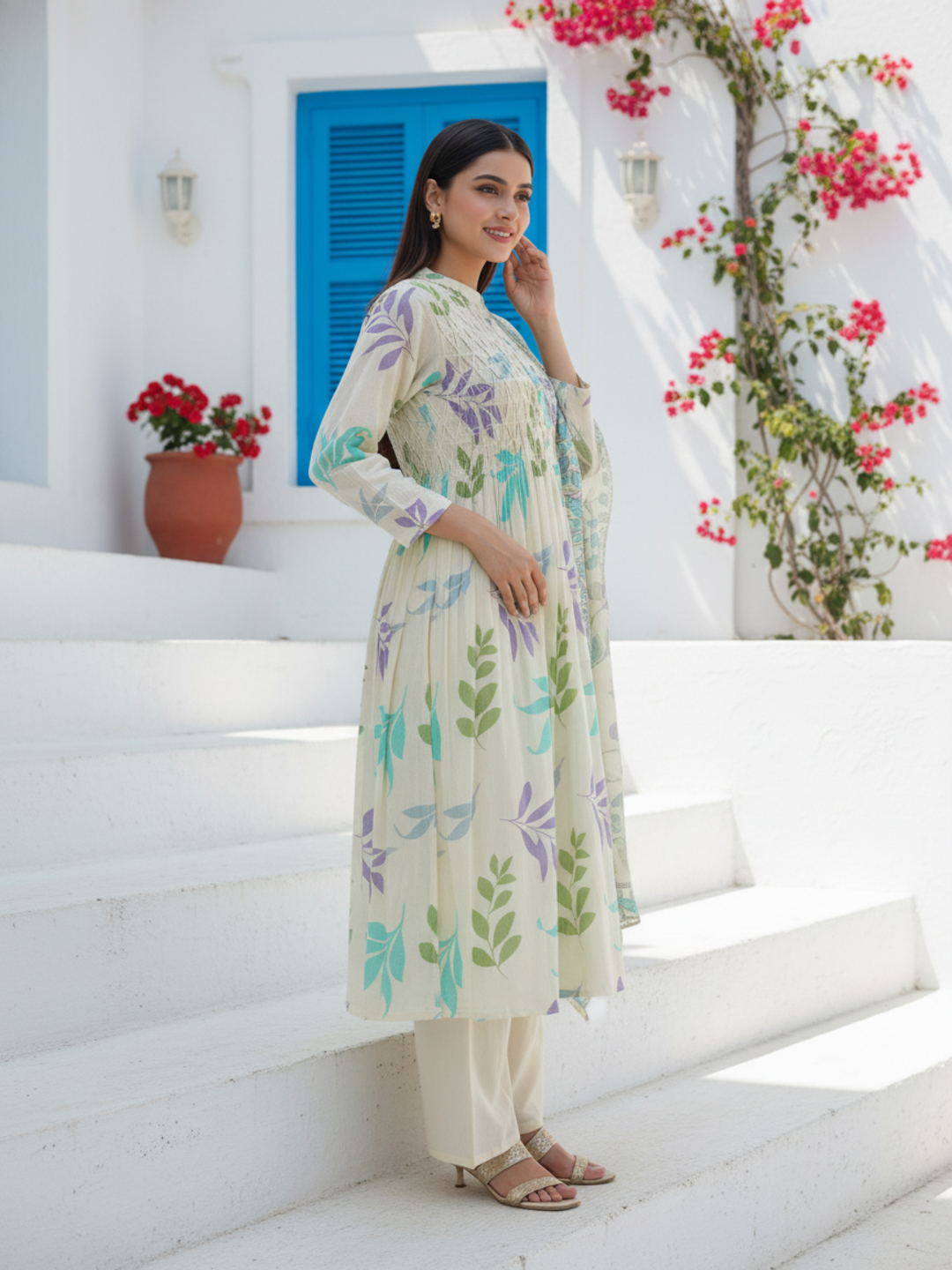 Floral Leaf Printed A-Line Kurta with Palazzo & Dupatta - Cream