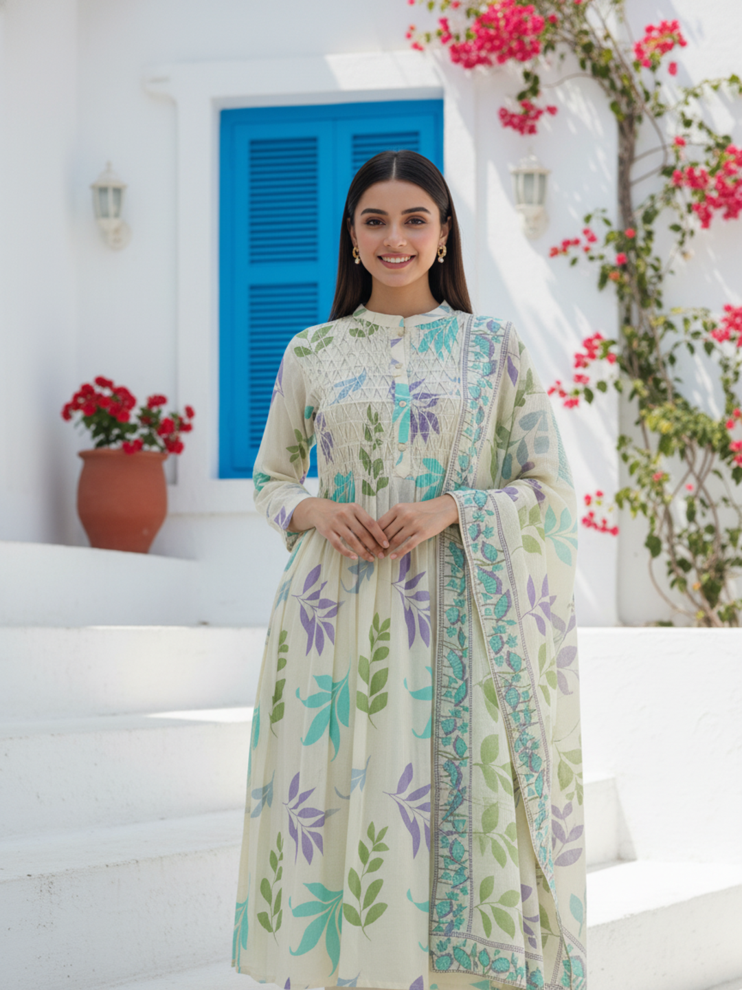 Floral Leaf Printed A-Line Kurta with Palazzo & Dupatta - Cream