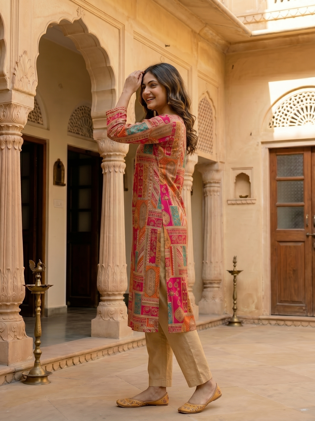 Ethnic Floral Printed & Embroidered Straight Kurta - Multi