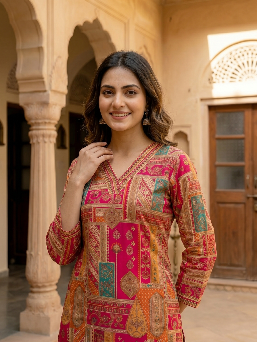 Ethnic Floral Printed & Embroidered Straight Kurta - Multi