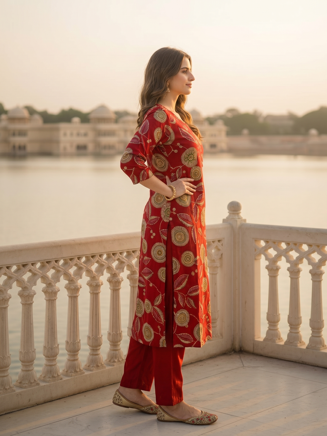 Abstract Floral Printed & Embroidered Straight Kurta - Maroon
