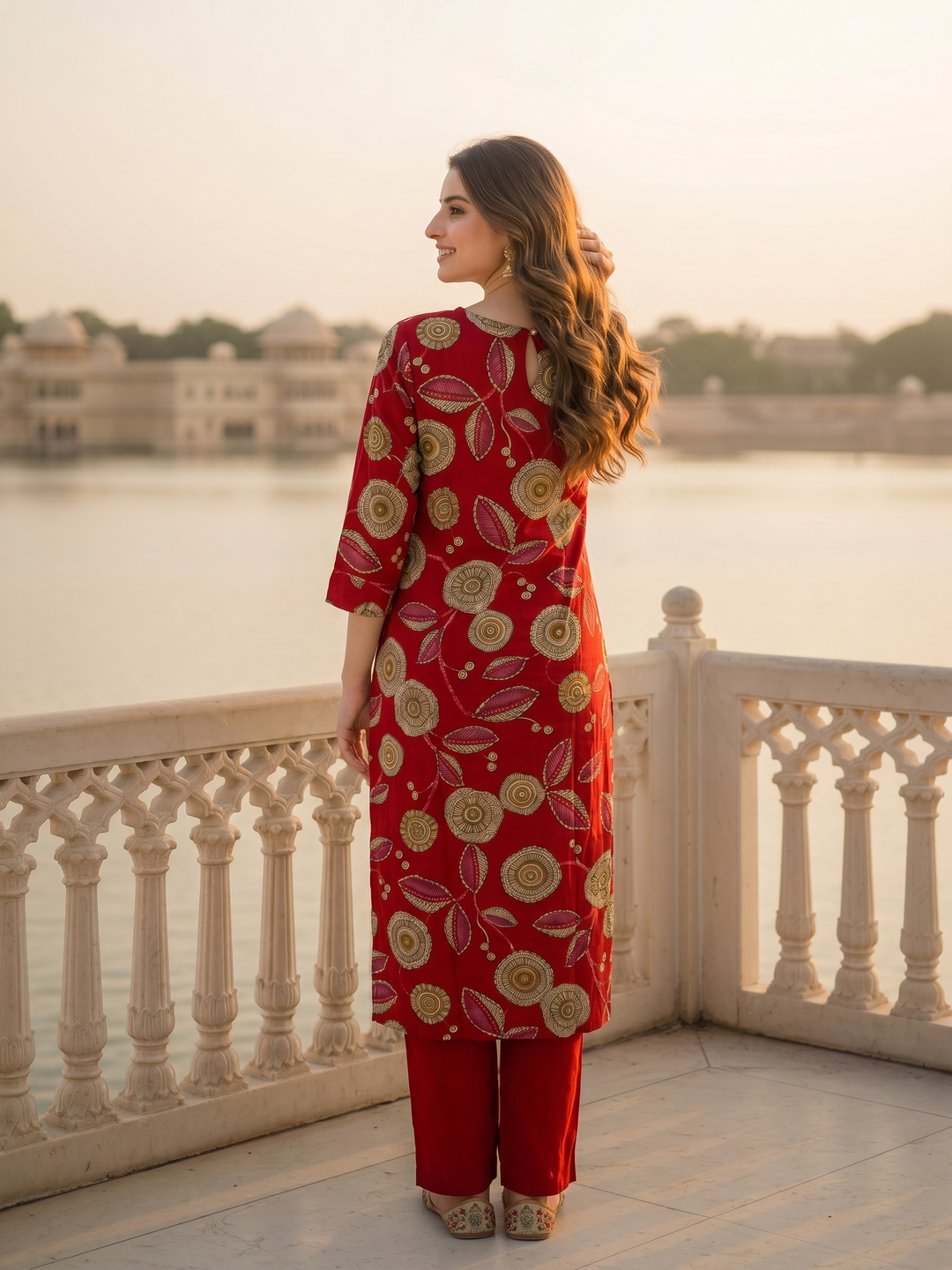 Abstract Floral Printed & Embroidered Straight Kurta - Maroon