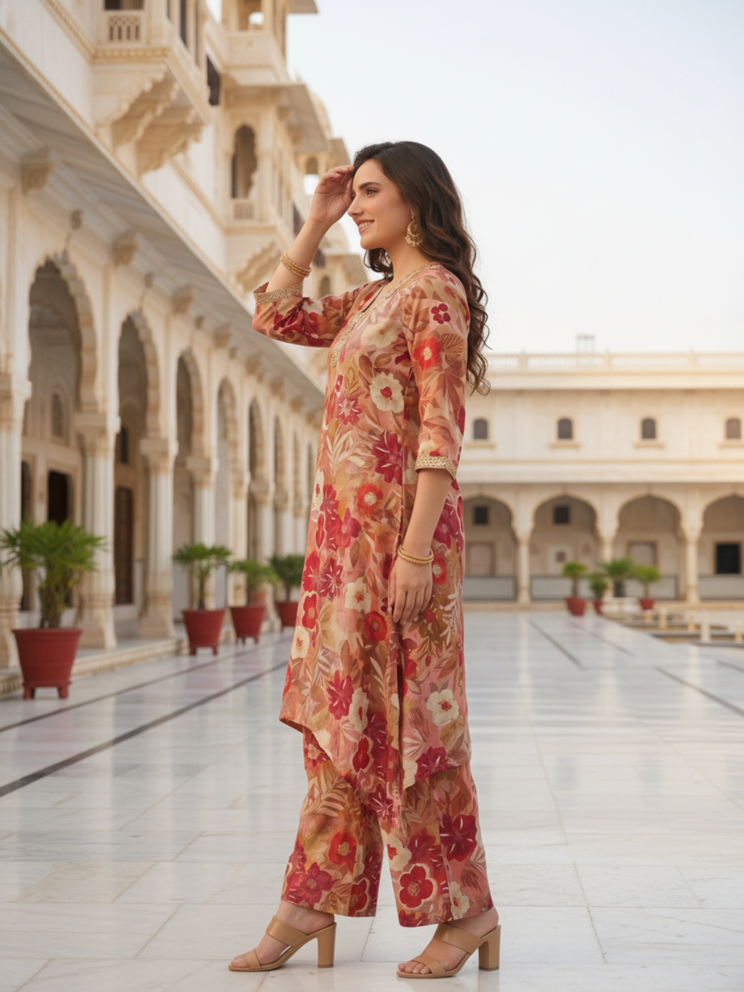 Ethnic Floral Printed & Lace A-Line Kurta with Palazzo Co-ord Set - Multi