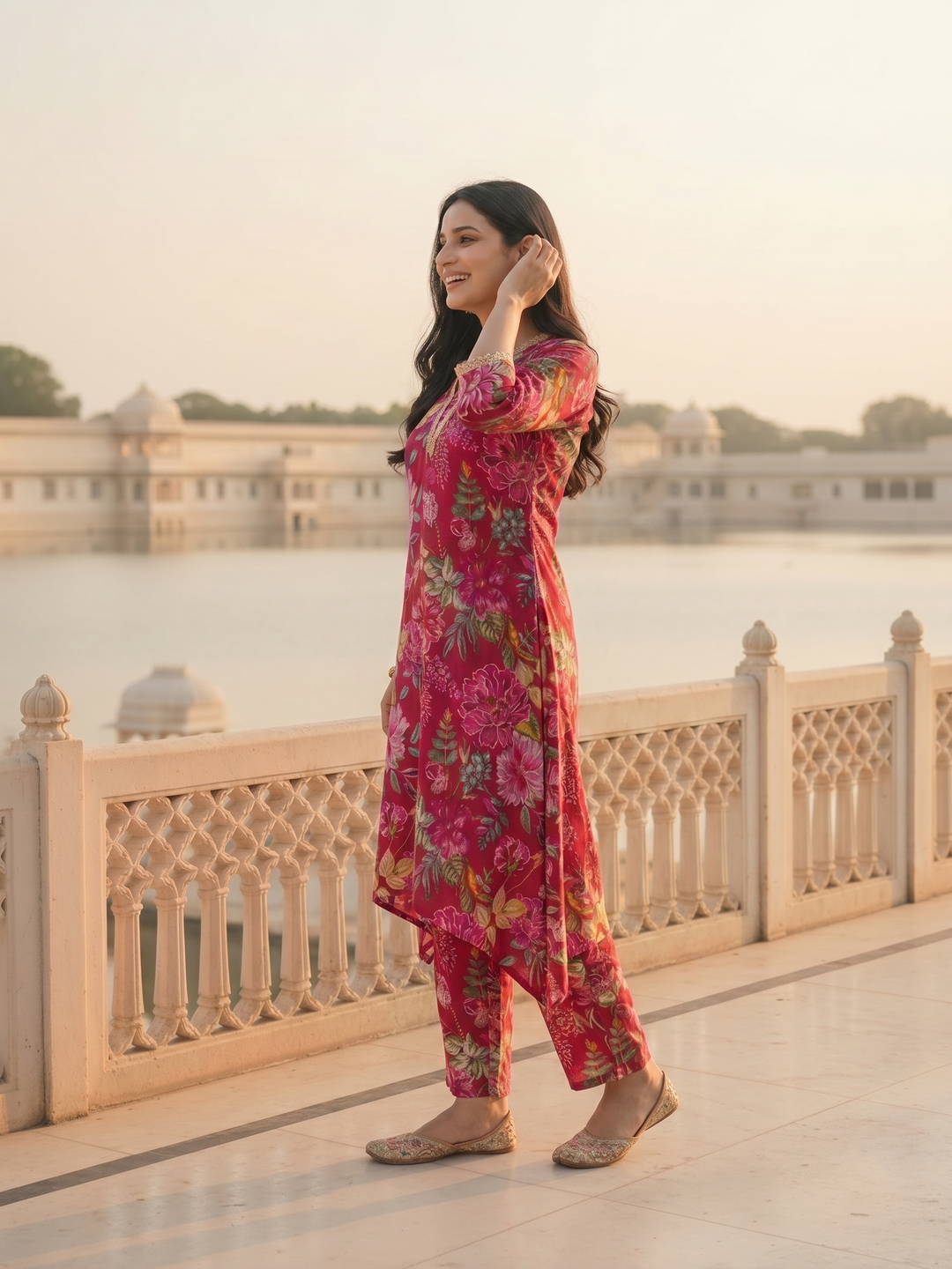 Ethnic Printed & Lace A-Line Co-ord Set - Multi