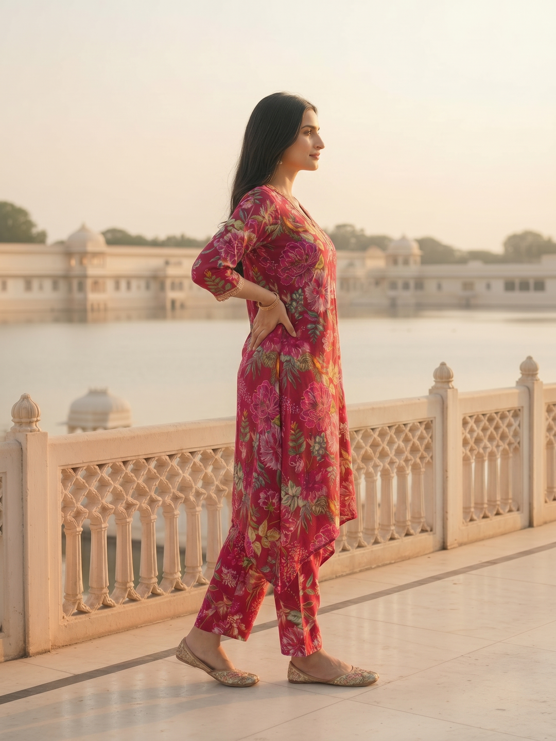 Ethnic Printed & Lace A-Line Co-ord Set - Multi
