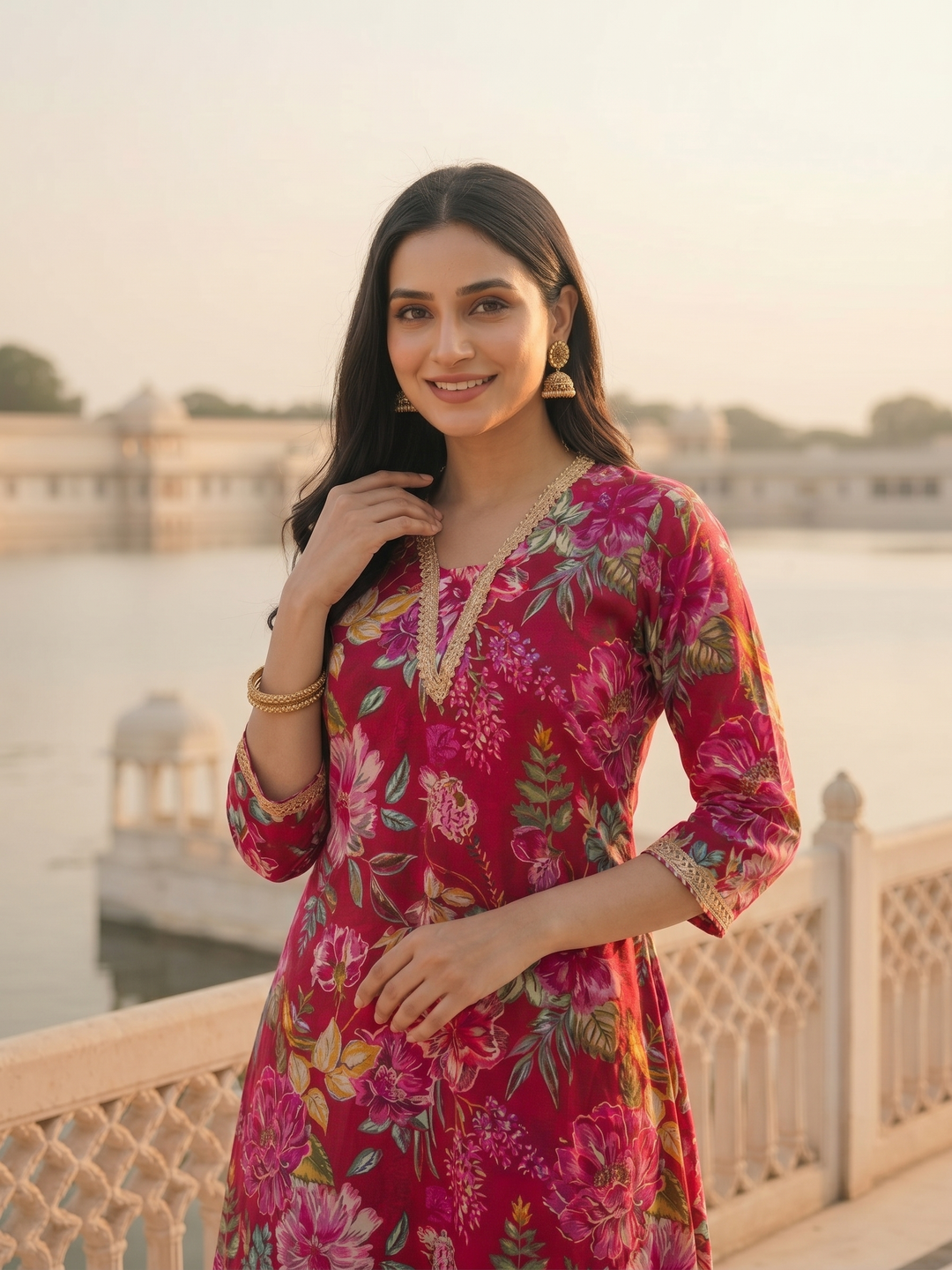Ethnic Printed & Lace A-Line Co-ord Set - Multi