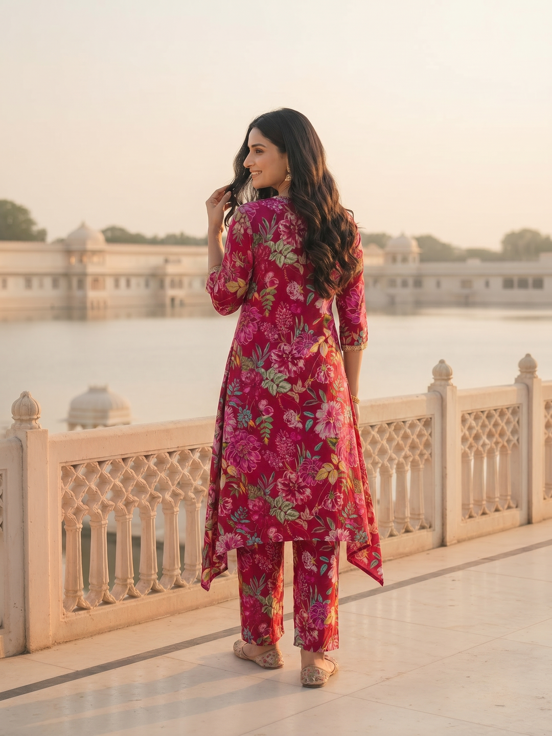 Ethnic Printed & Lace A-Line Co-ord Set - Multi