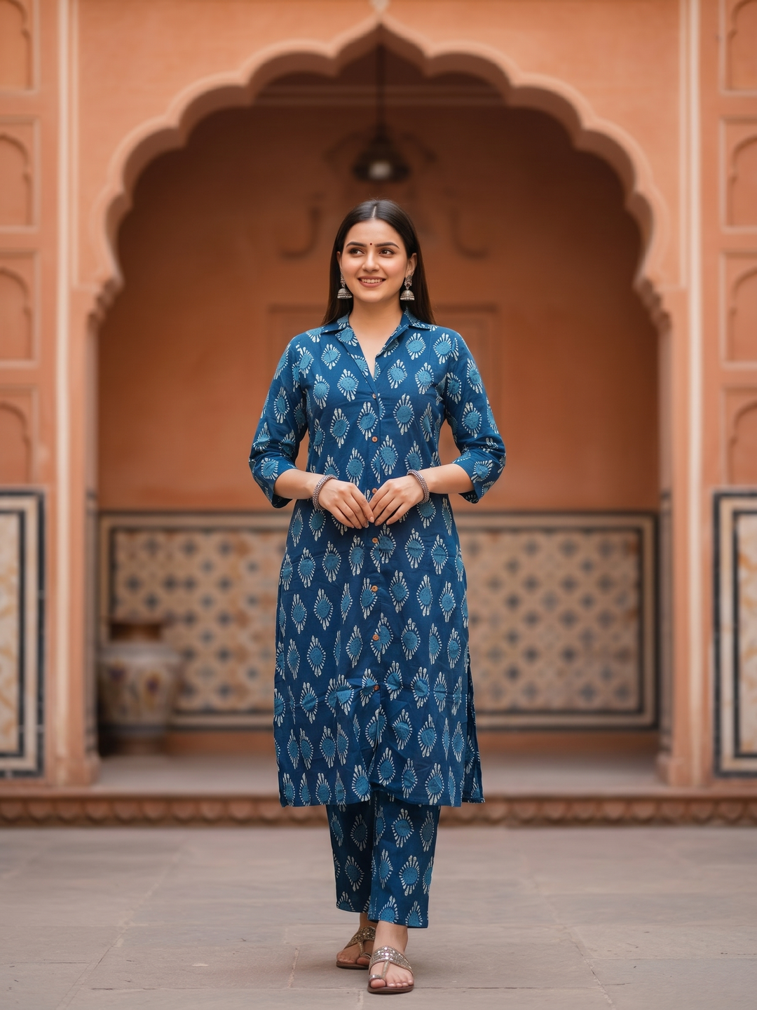 Ethnic Floral Printed Cotton A-Line Co-ord Set - Navy Blue