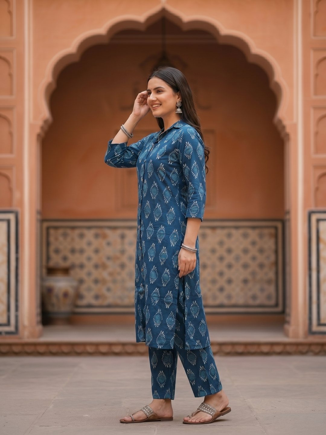 Ethnic Floral Printed Cotton A-Line Co-ord Set - Navy Blue