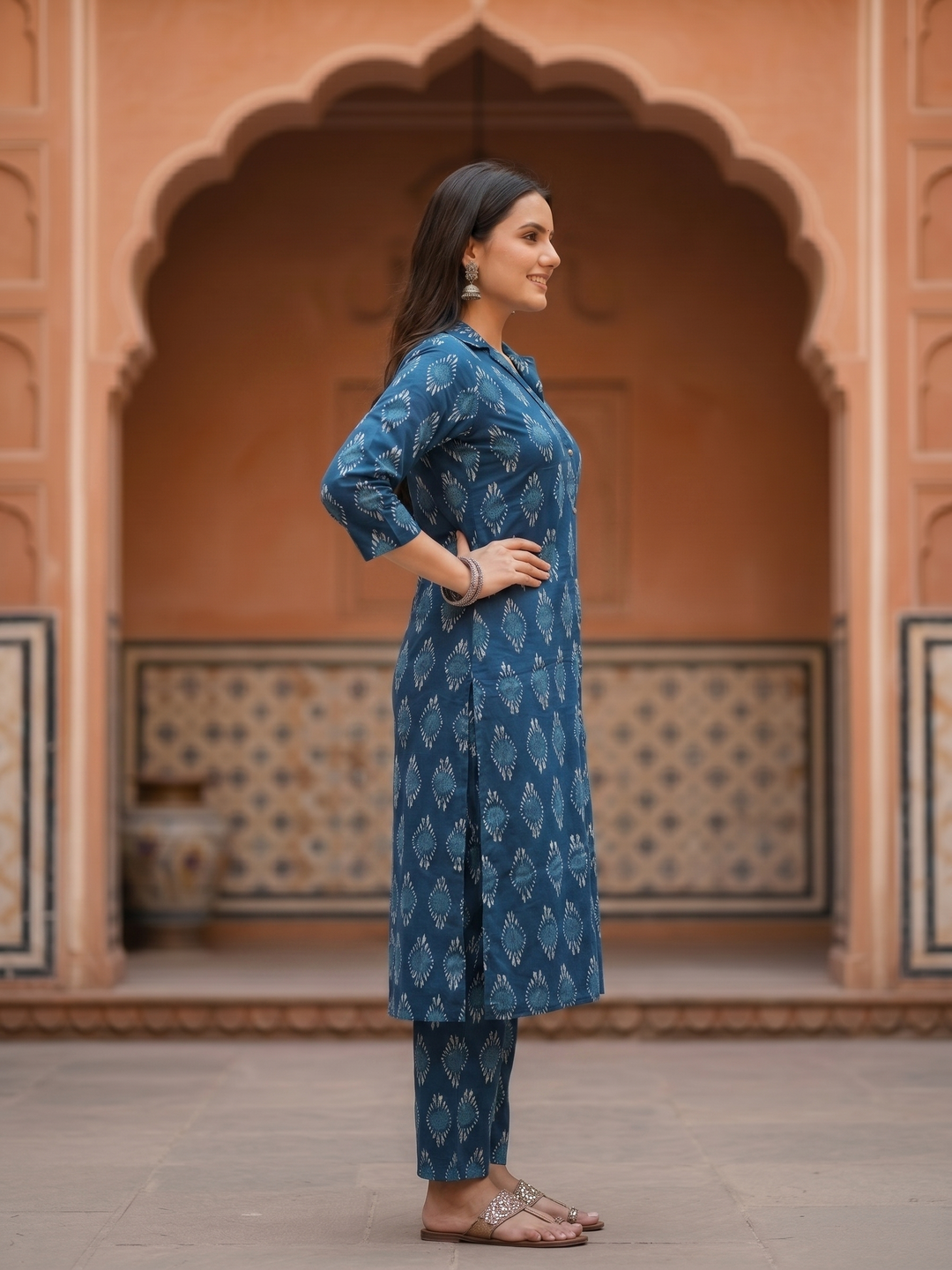 Ethnic Floral Printed Cotton A-Line Co-ord Set - Navy Blue