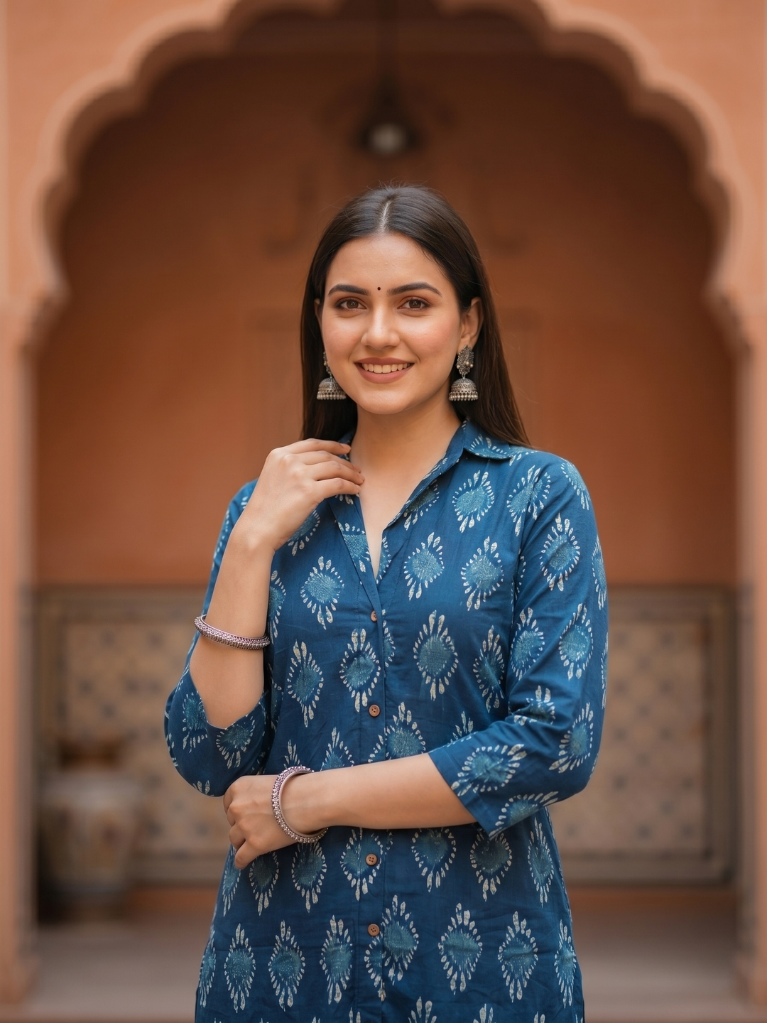 Ethnic Floral Printed Cotton A-Line Co-ord Set - Navy Blue