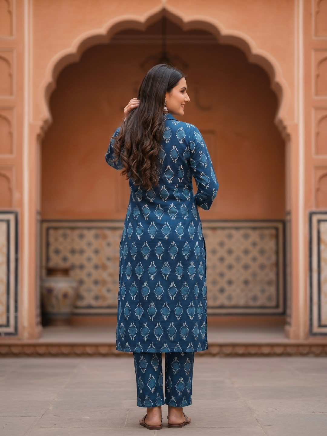 Ethnic Floral Printed Cotton A-Line Co-ord Set - Navy Blue