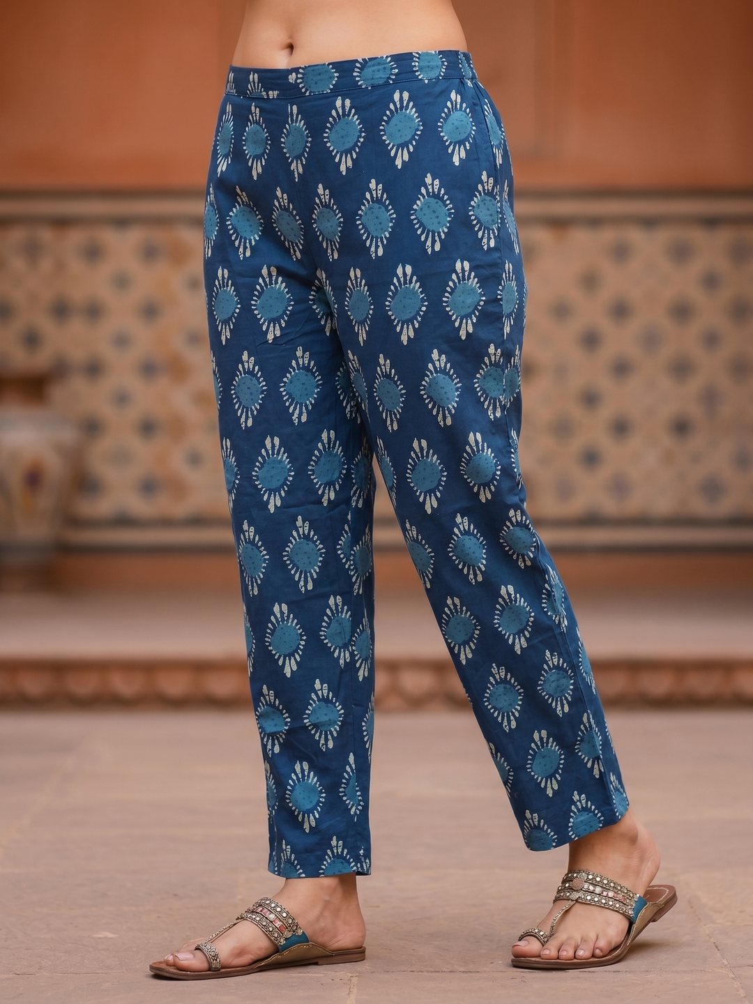 Ethnic Floral Printed Cotton A-Line Co-ord Set - Navy Blue