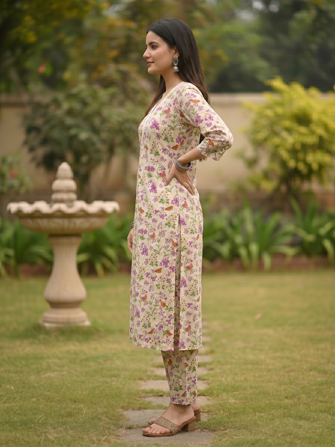 Ethnic Floral Printed & Mirror Work A-Line Co-ord Set - Off White
