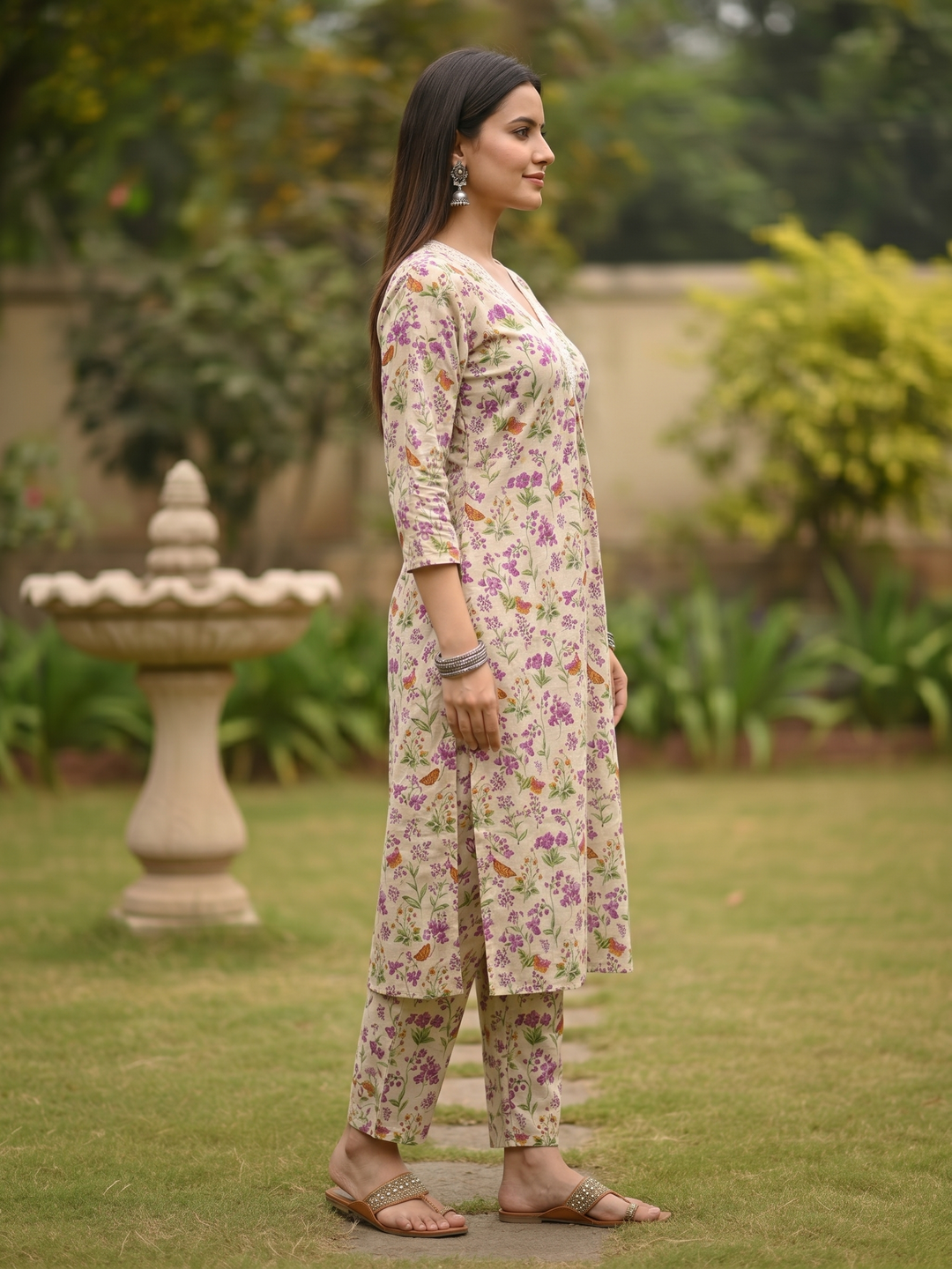 Ethnic Floral Printed & Mirror Work A-Line Co-ord Set - Off White