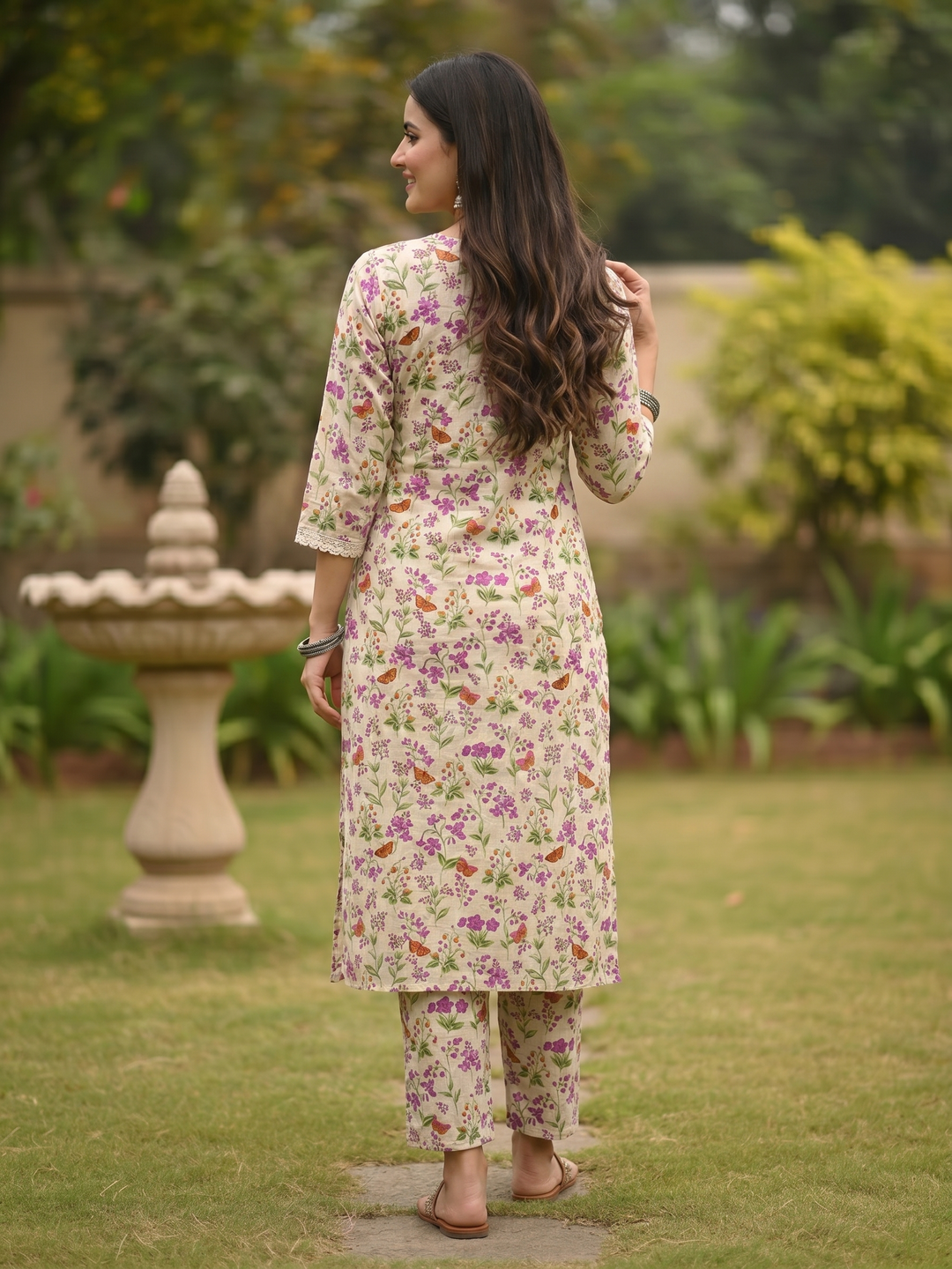 Ethnic Floral Printed & Mirror Work A-Line Co-ord Set - Off White