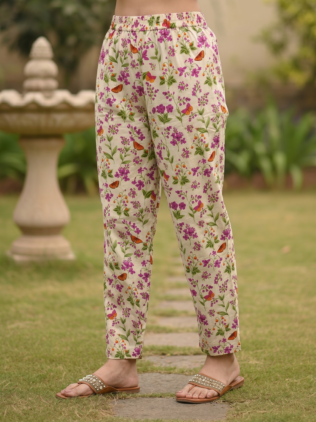 Ethnic Floral Printed & Mirror Work A-Line Co-ord Set - Off White