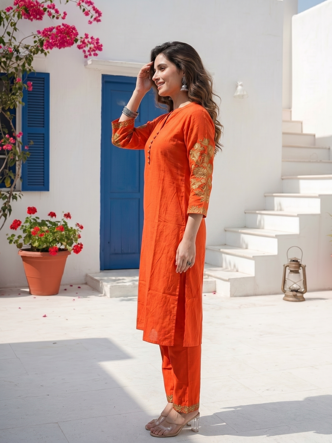 Solid Floral Embroidered Straight Kurta with Pant - Coral