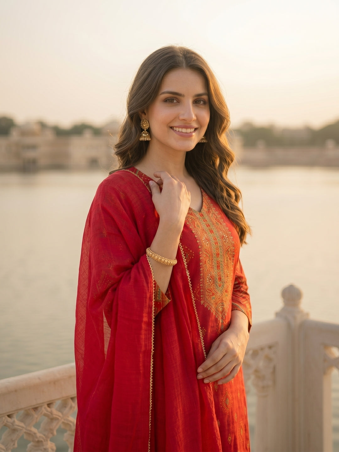 Festive Ethnic Printed & Embroidered Straight Kurta with Pant & Dupatta - Red