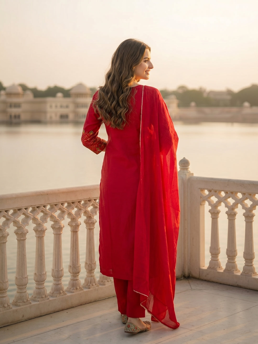 Festive Ethnic Printed & Embroidered Straight Kurta with Pant & Dupatta - Red