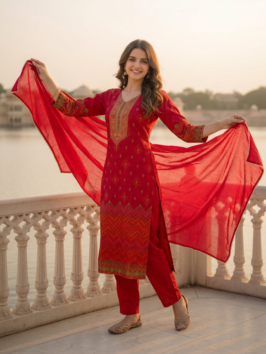 Festive Ethnic Printed & Embroidered Straight Kurta with Pant & Dupatta - Red