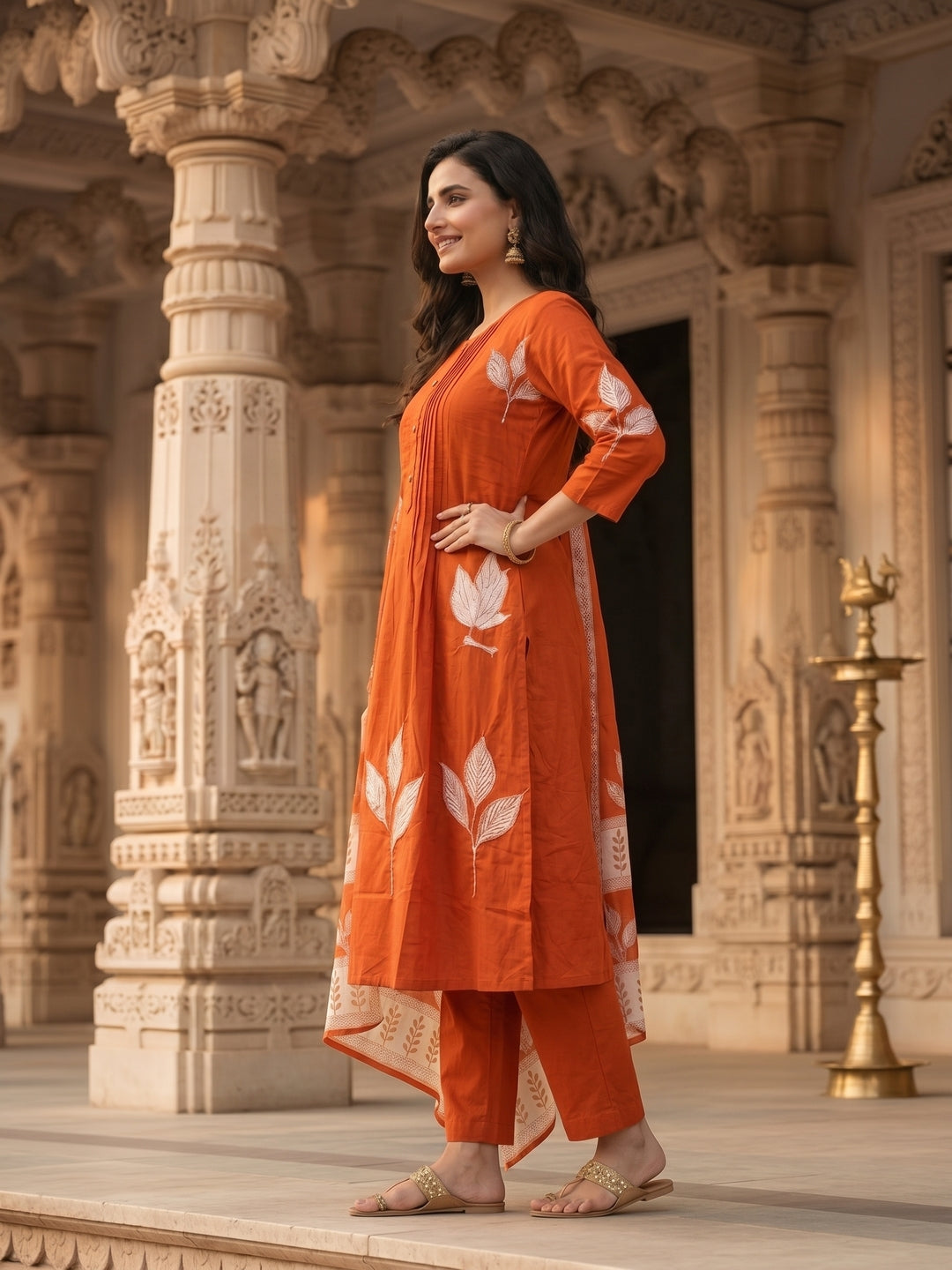 Floral Printed A-Line Kurta with Pant & Dupatta - Rust