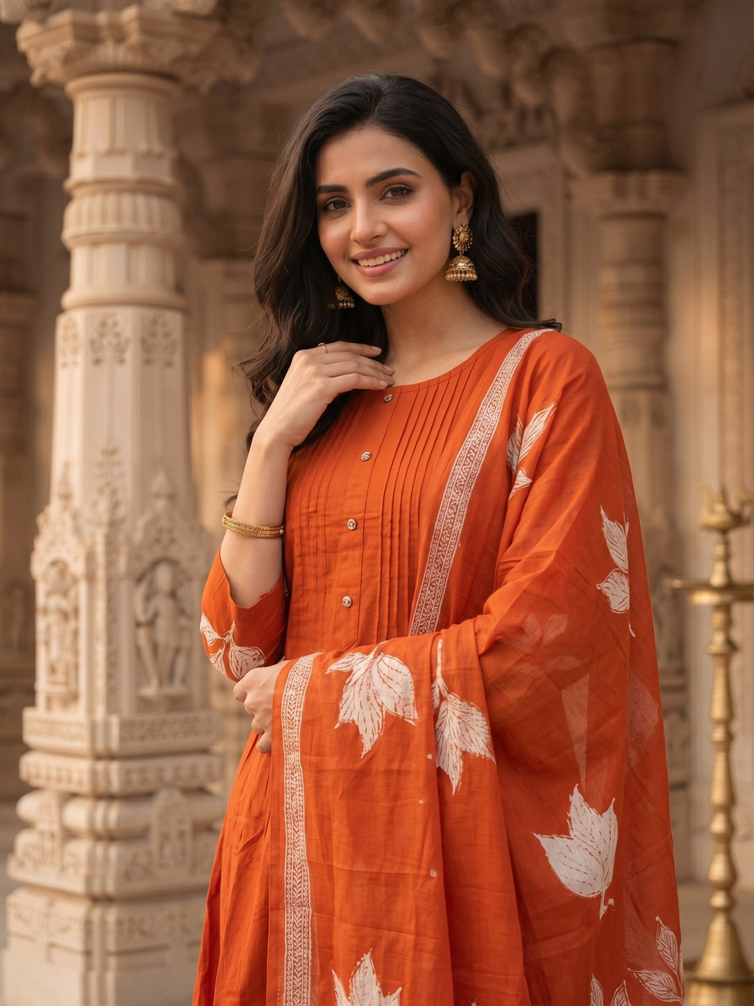 Floral Printed A-Line Kurta with Pant & Dupatta - Rust