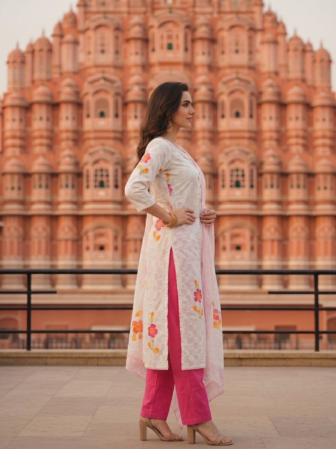 Hand Embroidered & Floral Printed Straight Kurta with Pant & Dupatta - White