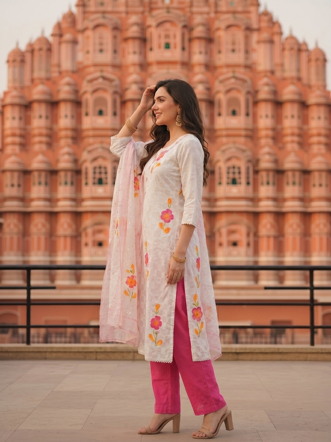 Hand Embroidered & Floral Printed Straight Kurta with Pant & Dupatta - White