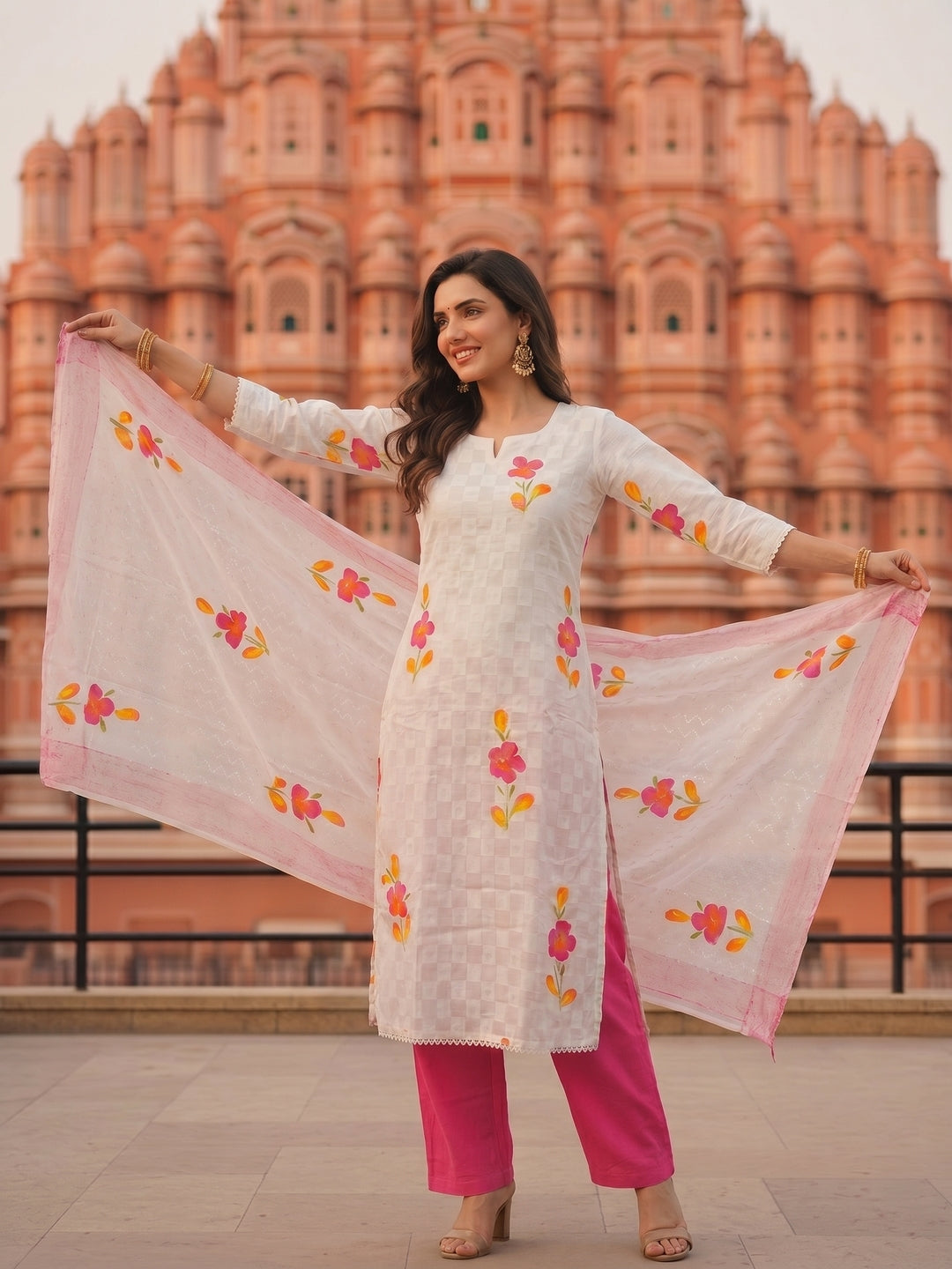 Hand Embroidered & Floral Printed Straight Kurta with Pant & Dupatta - White