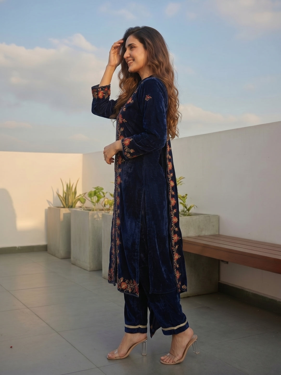Navy Blue Velvet Embroidered Kurta Set with Straight Pants & Dupatta