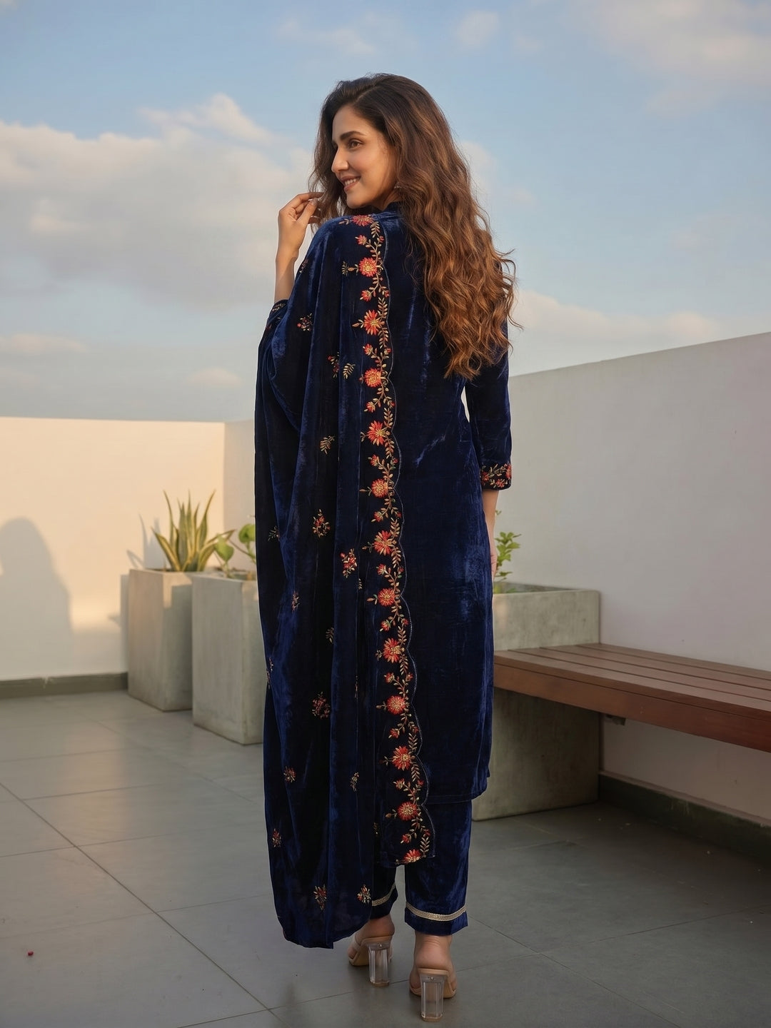 Navy Blue Velvet Embroidered Kurta Set with Straight Pants & Dupatta