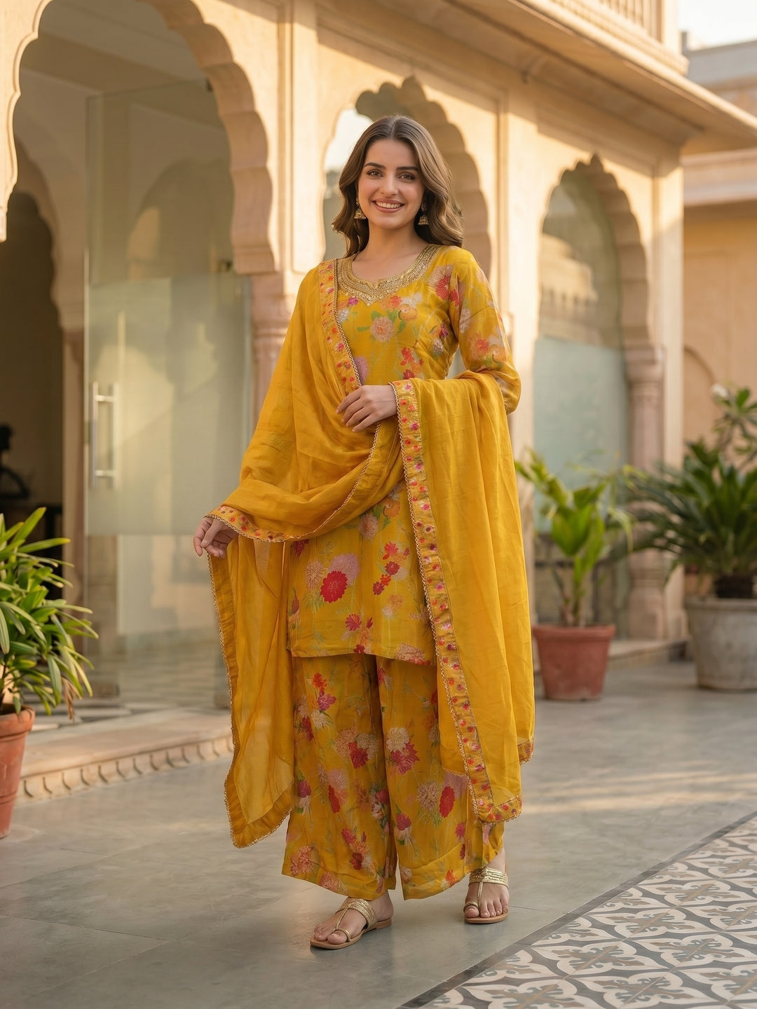 Floral Printed & Sequin Embroidered Straight Kurta with Palazzo & Dupatta - Yellow