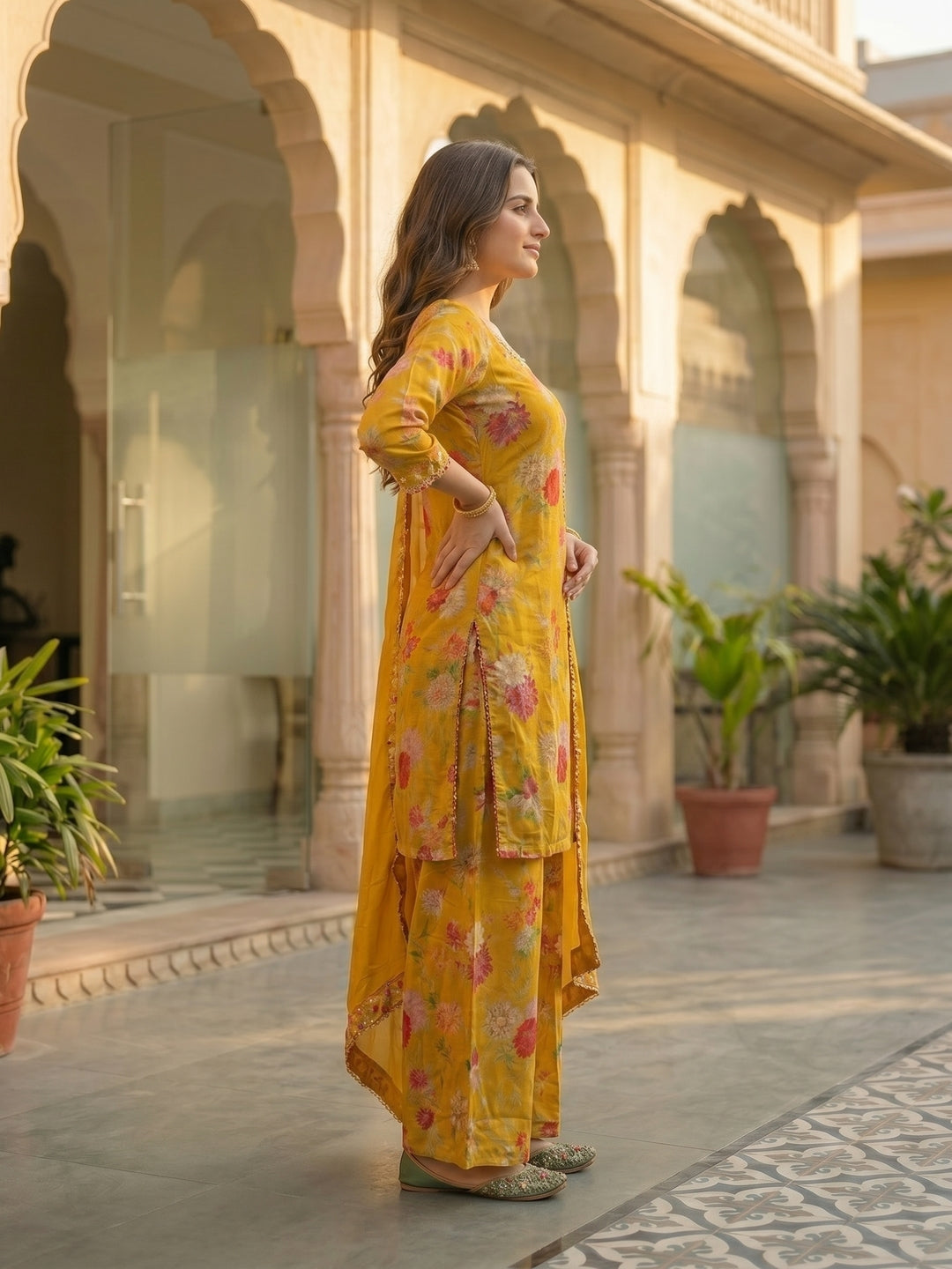 Floral Printed & Sequin Embroidered Straight Kurta with Palazzo & Dupatta - Yellow