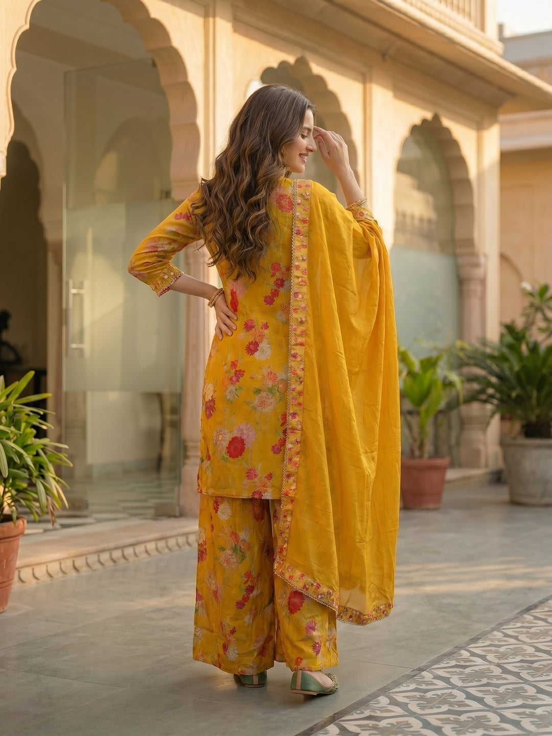 Floral Printed & Sequin Embroidered Straight Kurta with Palazzo & Dupatta - Yellow