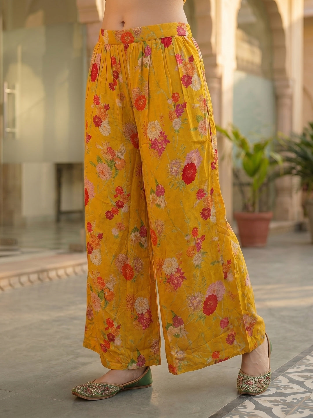 Floral Printed & Sequin Embroidered Straight Kurta with Palazzo & Dupatta - Yellow